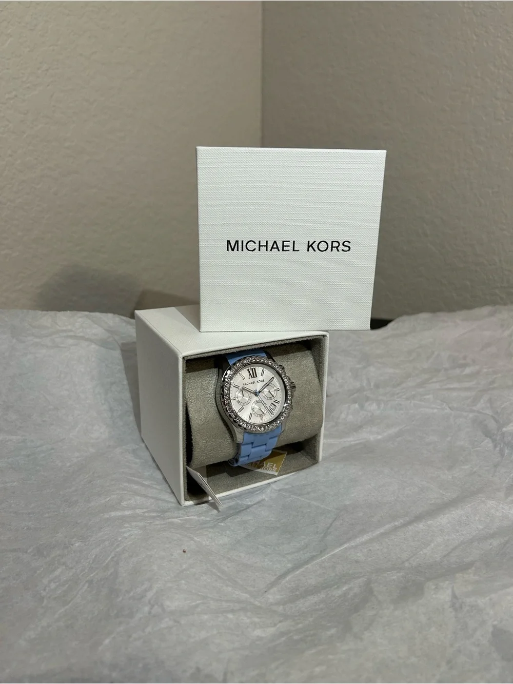 Michael Kors Silver Dial Watch with Light Blue Strap and Crystal Bezel, New